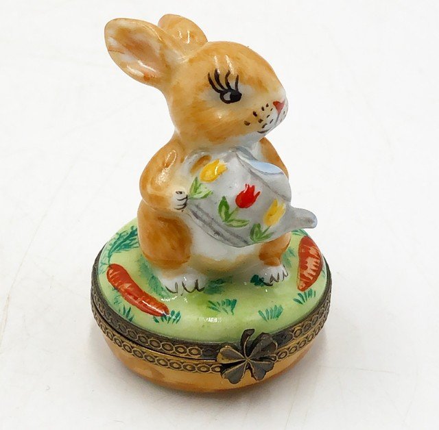 Peint Main Limoges Trinket Box. Bunny with Watering Can. (1 of 4)