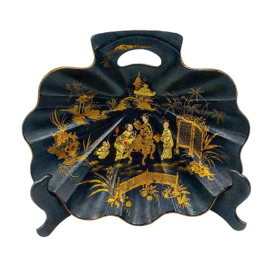 Amazing antique chinoiserie Asian style paper mache decorative scalloped bowl (1 of 1)