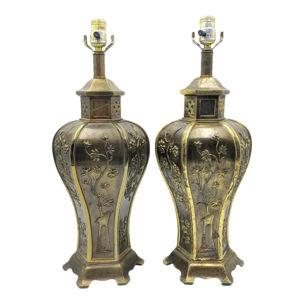 Vintage 80s Brass Pagoda China Style Table Lamps - a Pair (1 of 12)