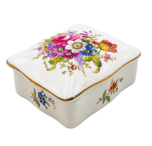 Small vintage vanity box with lid- white with pink flower detail design: Pretty little vintage vanity box with lid- white with pink flower detail design. Stamped bone china made in England Hammersley. Approx 1.25 tall x 2.5 x 2.