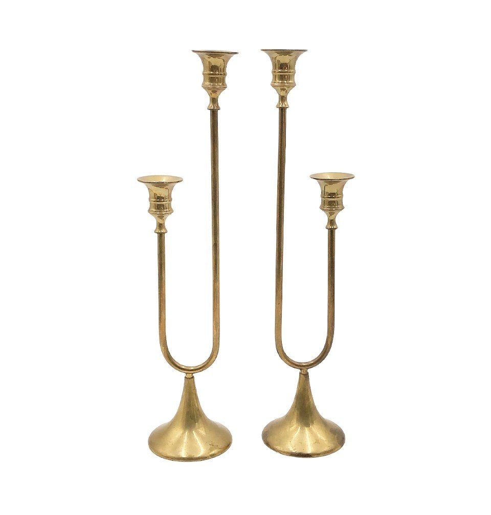 Pair of 80s vintage solid brass rare style horn like decorative candlesticks (1 of 1)