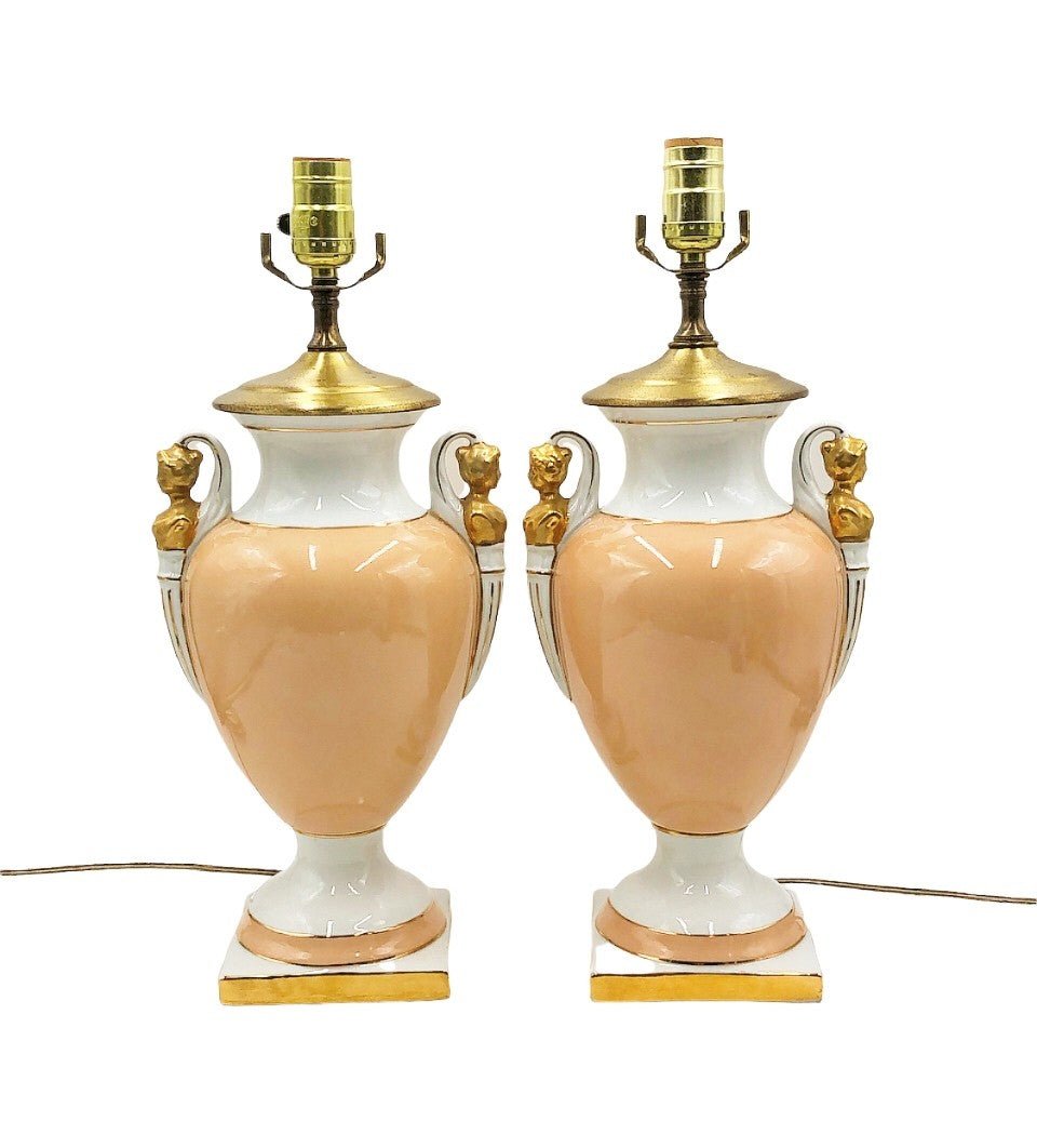 Pair of beautiful vintage neoclassical style urn table lamps in white & apricot colors (1 of 1)