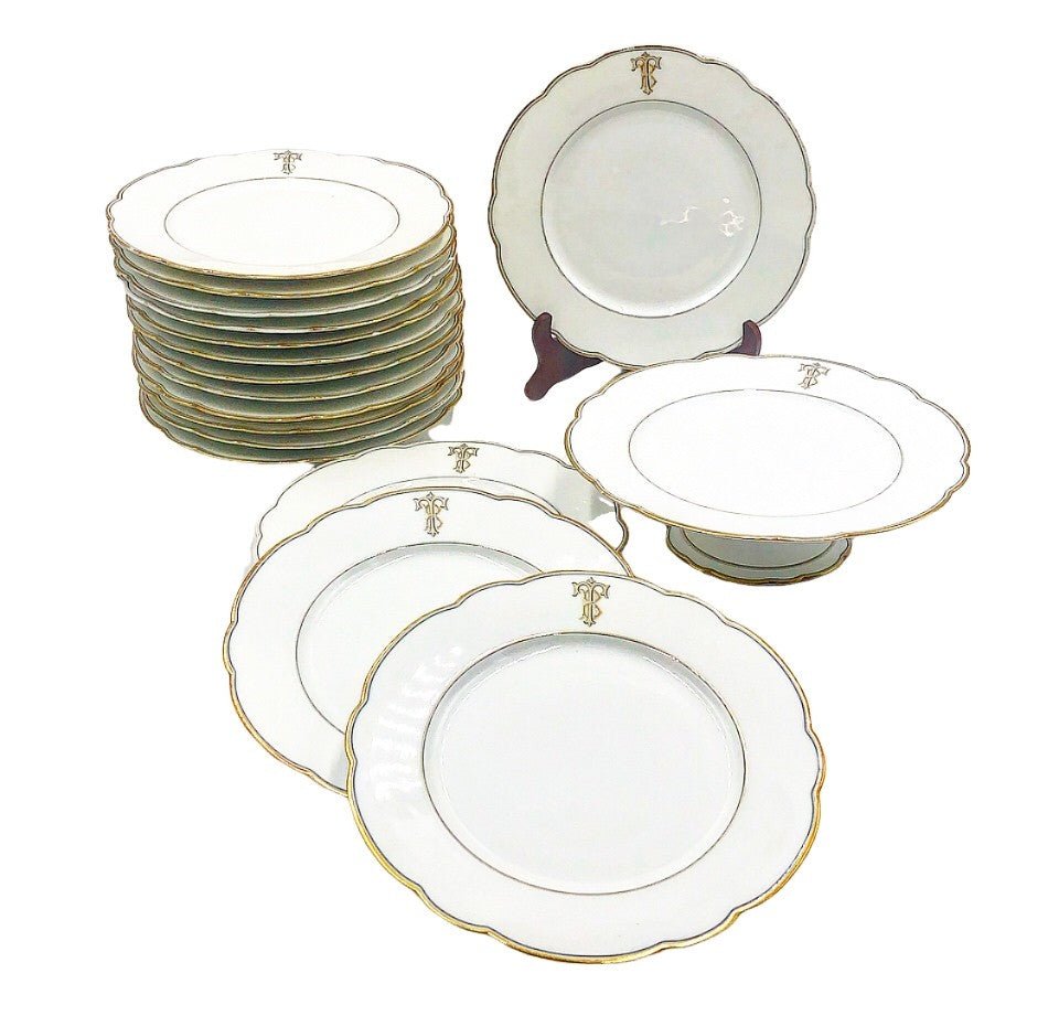 Antique late 1800s amazing set of old paris style scalloped white china plates with monogram (1 of 4)