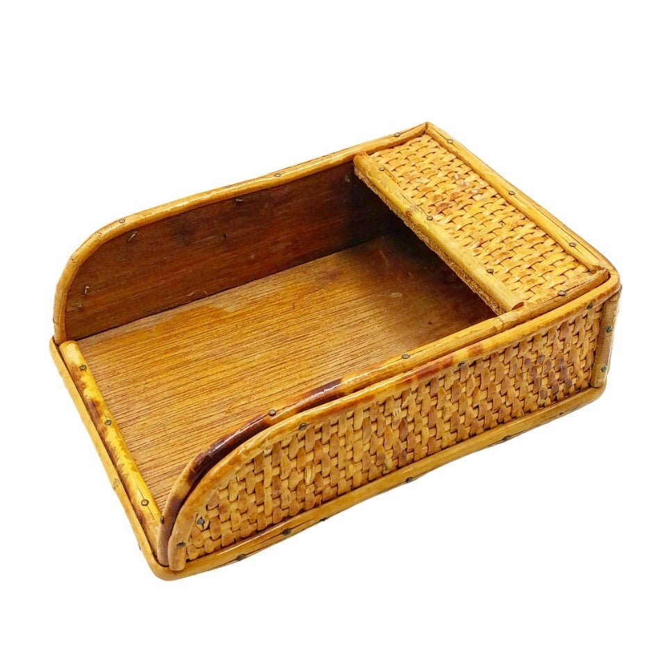 Vintage 70s burnt bamboo desk top accessory decorative note pad holder (1 of 1)