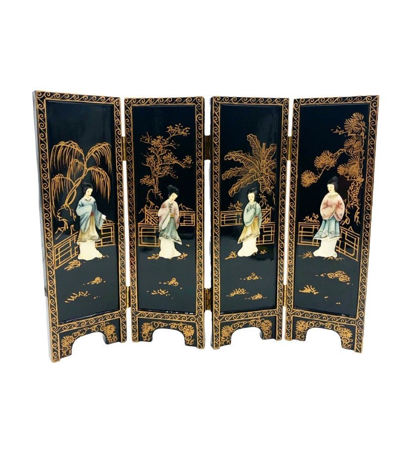 Vintage chinoiserie painted lacquered mini folding wooden screen (1 of 1)