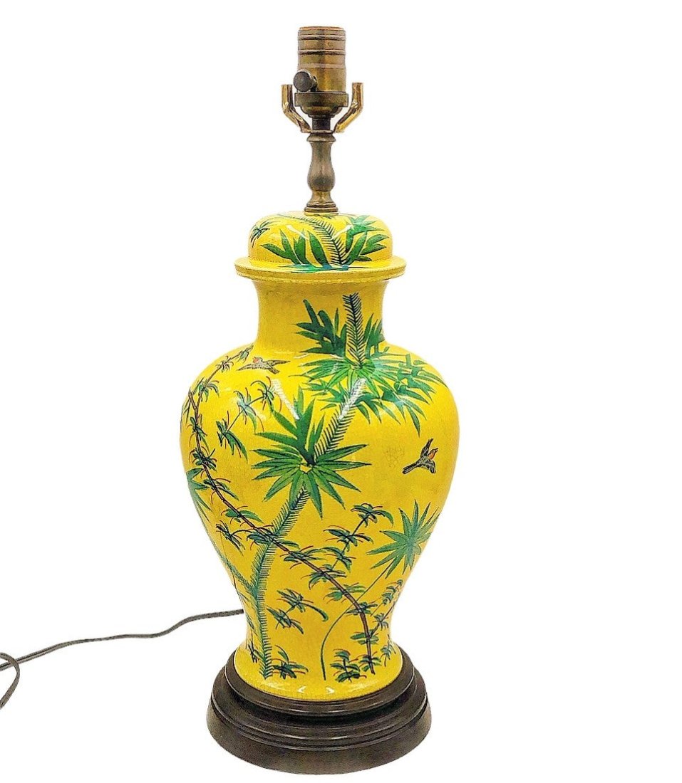 Vintage yellow glazed ginger jar style lamp with crackle style finish & Green Palm/Bamboo Design (1 of 1)