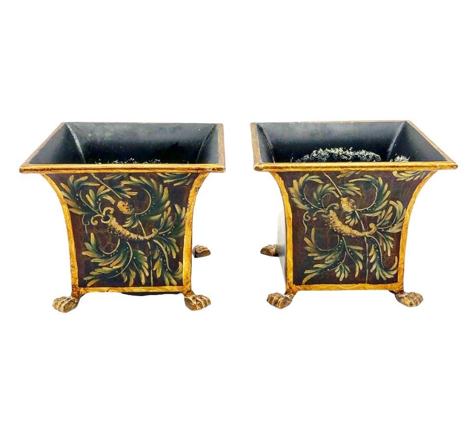 Pair of vintage 90s square tole metal square decorative planters (1 of 1)