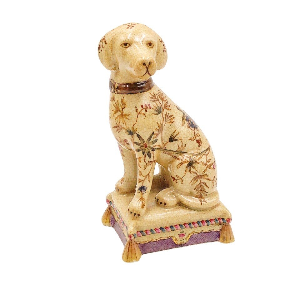 Adorable vintage 80s Staffordshire style pup on pillow with tassels!: Adorable vintage 80s Staffordshire style pup on pillow with tassels! Great piece - rare design. Glazed porcelain. Approx 8.5 tall x 4.5 x 3.