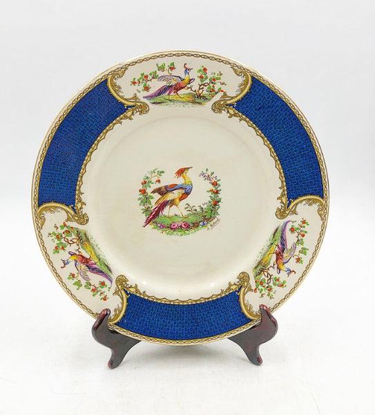 Beautiful antique Staffordshire stamped made in England plate with the â€œChelsea Bird”: Beautiful antique Staffordshire stamped made in England plate with the â€œChelsea Bird” pattern in royal blue trim. STUNNING! Approx 10.75 dinner plate. Stand not included.
