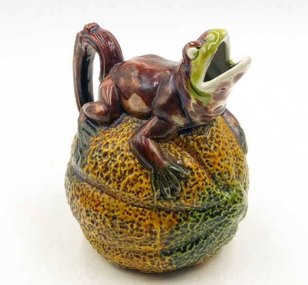 Adorable fun vintage 80s majolica style frog on cantaloupe water pitcher. (1 of 3)