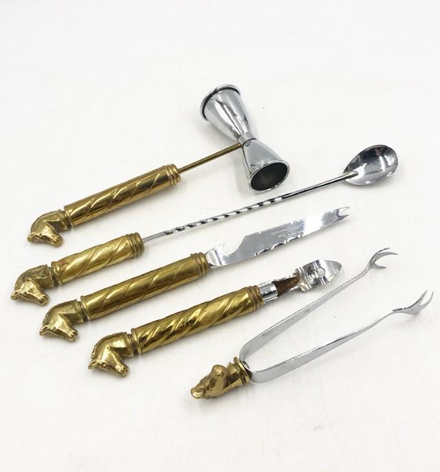 Vintage solid brass thick horse head handle twisted style bar tool set. (1 of 5)