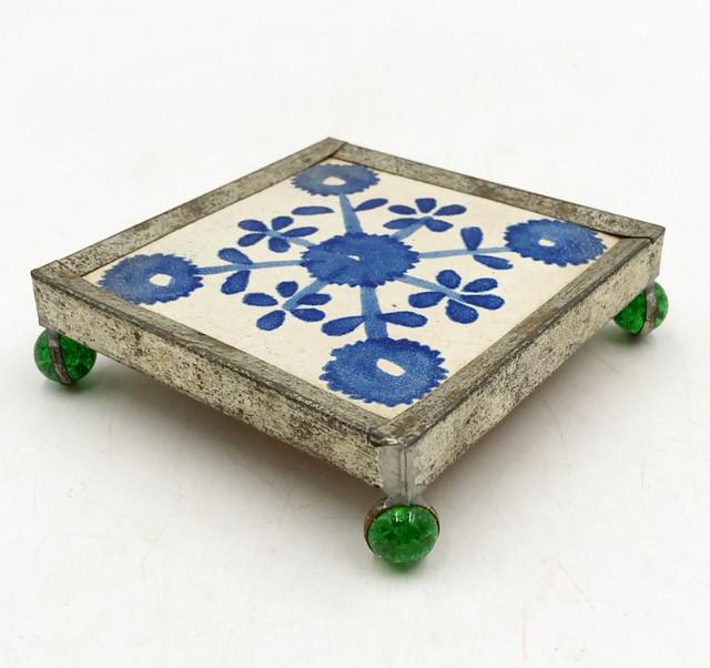 Vintage Mexican blue & white tile trivet set into a silver metal base with glass round ball feet on (1 of 4)