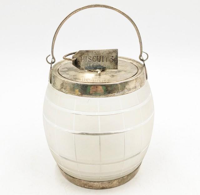 Antique English biscuit barrel with silver metal top rim (1 of 4)