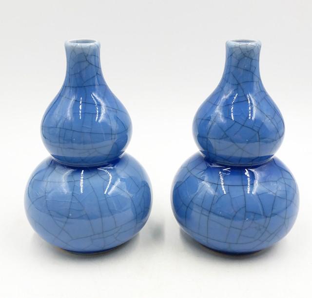 Pair of French blue colored crackle style glazed porcelain finish decorative double gourd vases. (1 of 3)