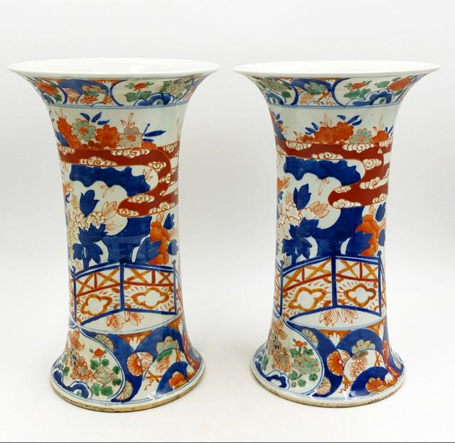 Pair of large scale 13.75 tall x 8.25 dia top Imari style Chinese vases. (1 of 9)