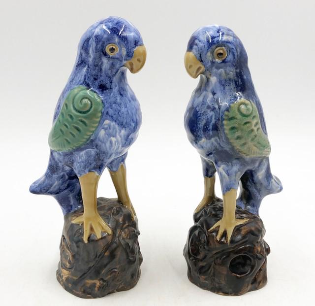 Pair of Chinese style blue and green parrot decorative figures. (1 of 4)