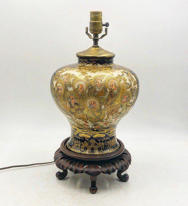 Satsuma Porcelain Lamp Vase on Wood Base. (1 of 4)