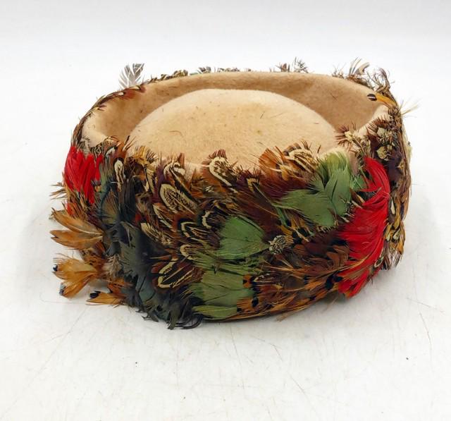 Vintage tan wool hat with multi-colored feathers. (1 of 11)