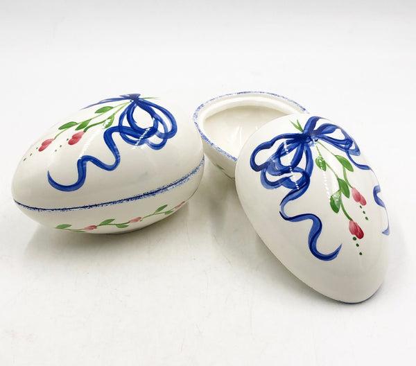 Pair of vintage 96 stamped decorative egg boxes with blue ribbon bow design mixed with pink flowers (1 of 5)
