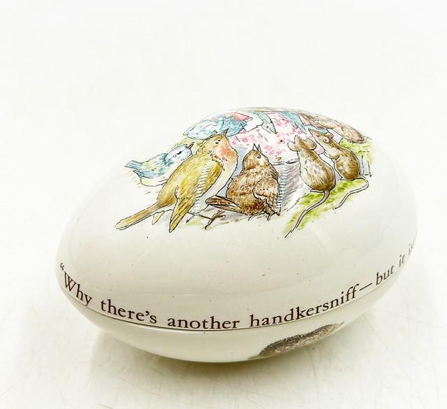 Vintage Wedgwood made in England stamped Beatrix Potter decorative egg box with lid.: Vintage Wedgwood made in England stamped Beatrix Potter decorative egg box with lid. ÒWhy thereÕs another handkersniff - but it isnt mine; its red? Oh no that belongs to old Mrs. Rabbit;Ó phrase ar