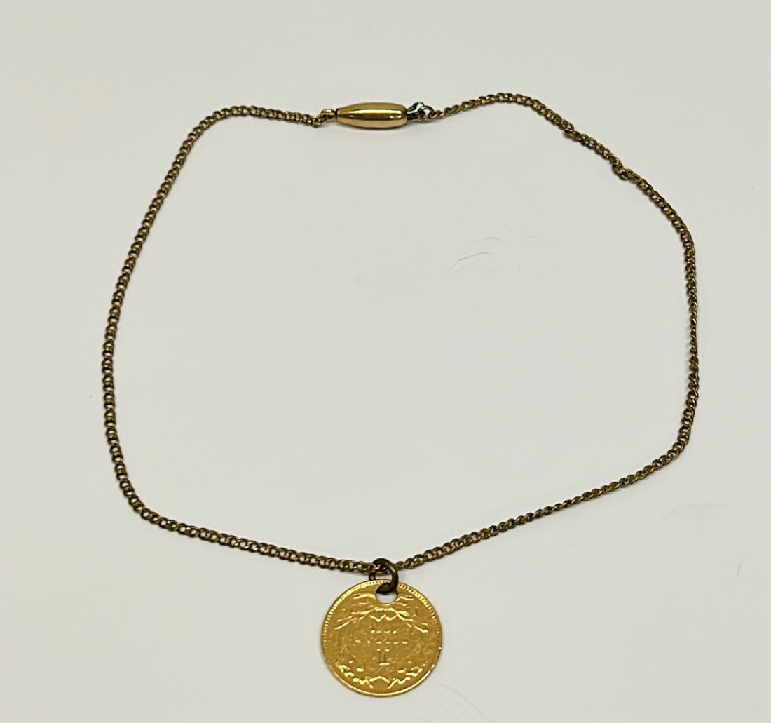 Vintage 10 inch necklace holding authentic 1874 $1.00 gold coin (1 of 3)