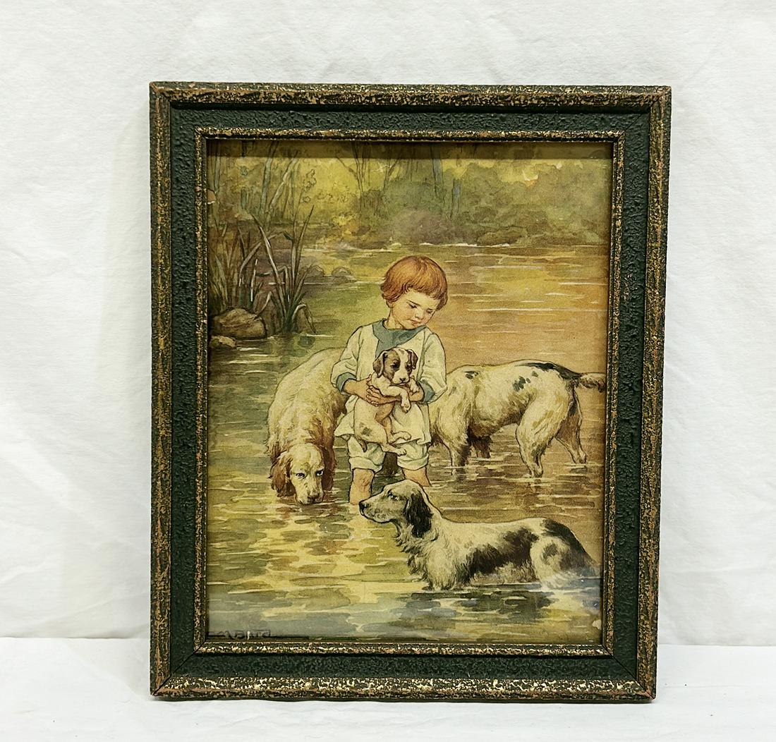 Vintage framed print of child boy in water with dogs (1 of 3)