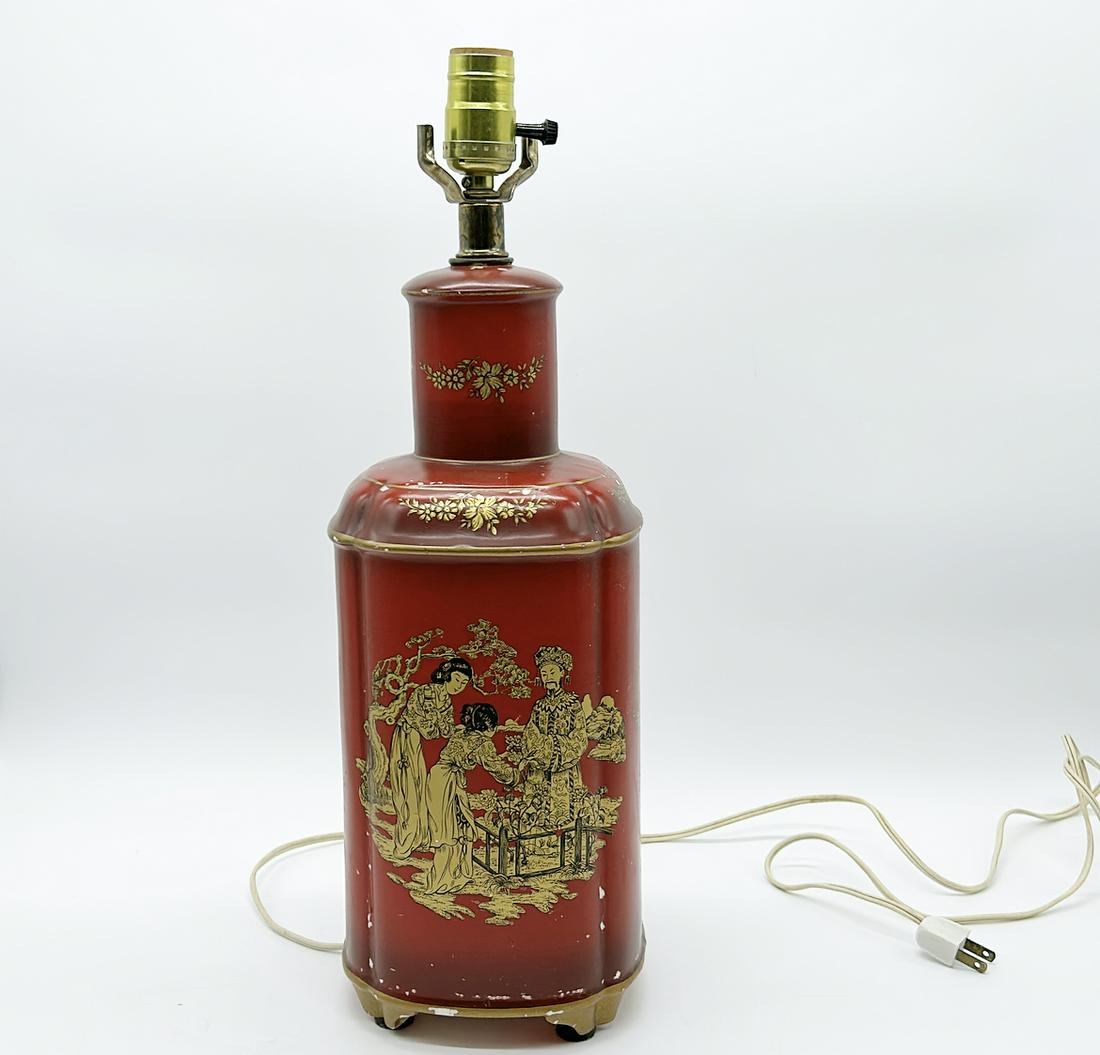 Red chinoiserie Asain style lamp with gold and black accents - Finish is chipping. 19H (1 of 3)