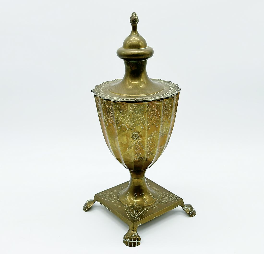 Solid brass footed urn with lion feet and scalloped top (1 of 3)