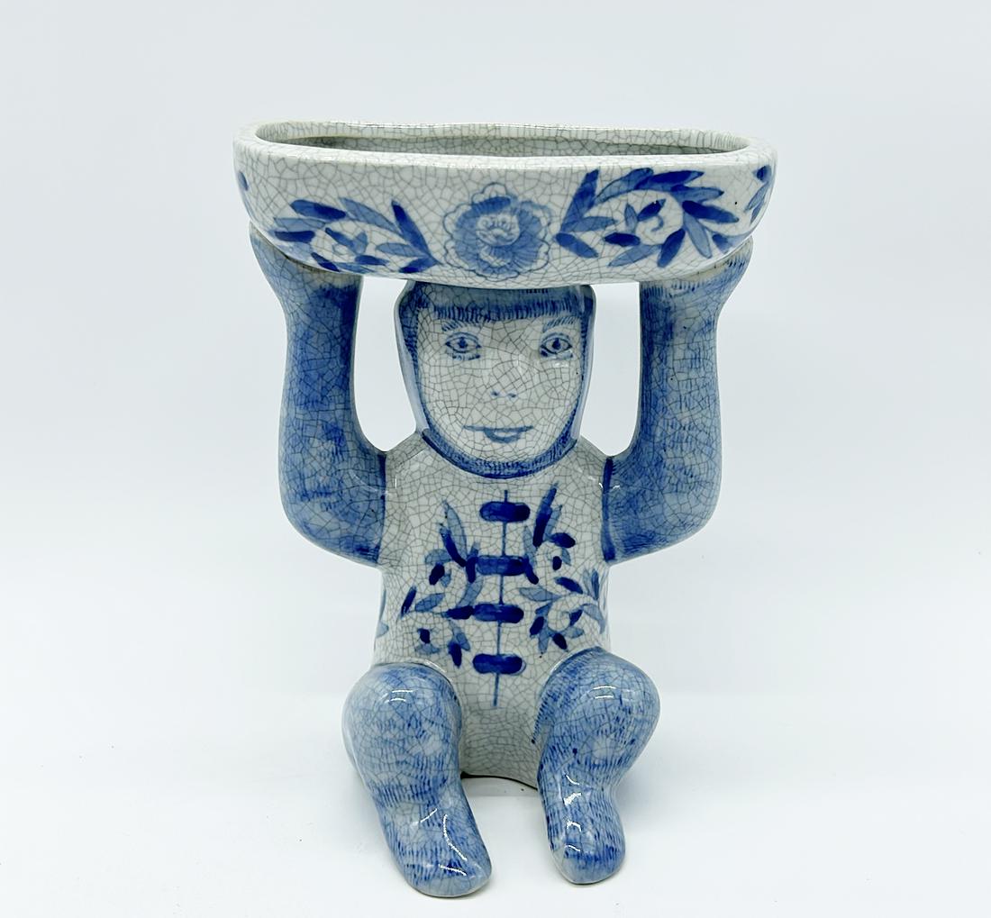 Blue and White Chinoiserie Monkey Figure Holding Dish (1 of 3)