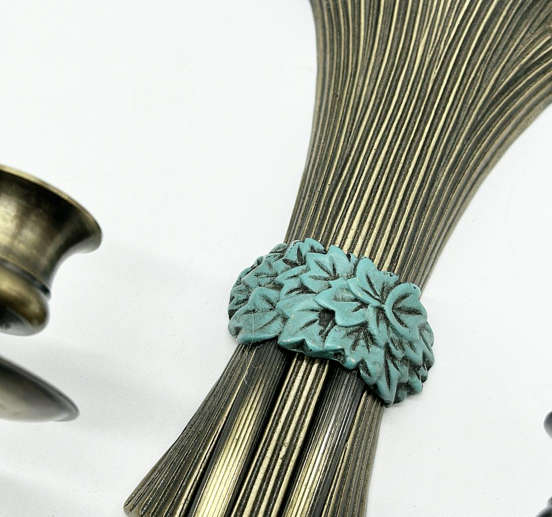 Pair of antique brass wheat style candle wall sconces holds 2 tapper style candles (1 of 3)