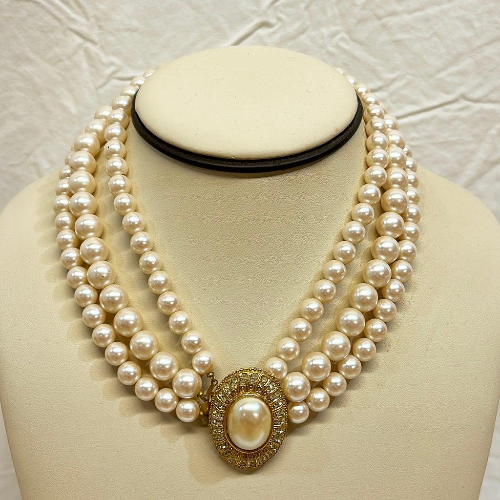 Vintage Pearl choker style necklace by RICHELIEU: Vintage Pearl choker style necklace by RICHELIEU - stamped on back oval oval pearl & rhinestone pendant. 3 strands of pearls - working clasp. Approx 8Ó when closed.