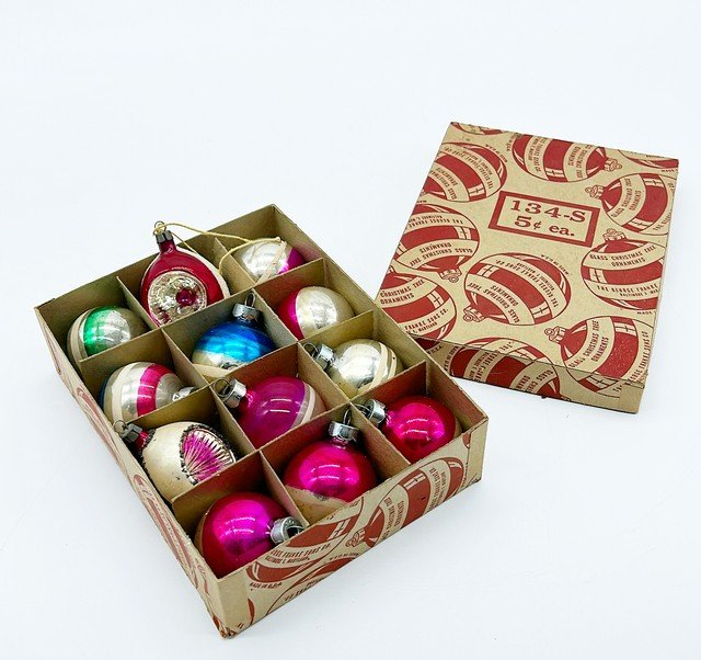 Box of vintage 1950s era glass Christmas ornaments: Box of vintage 1950s era glass Christmas ornaments in old box with lid that reads glass Christmas ornaments made in the USA - the George Franke Sons Co. Baltimore Maryland. See photos of scale.