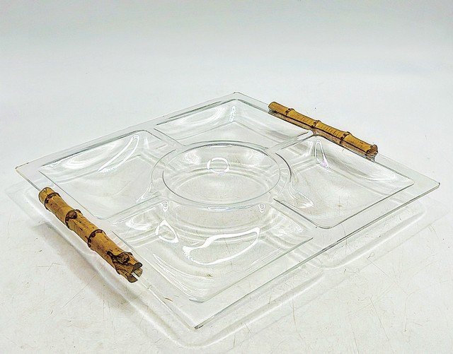 Vintage 70s acrylic appetizer tray with natural carved bamboo side handles. (1 of 1)