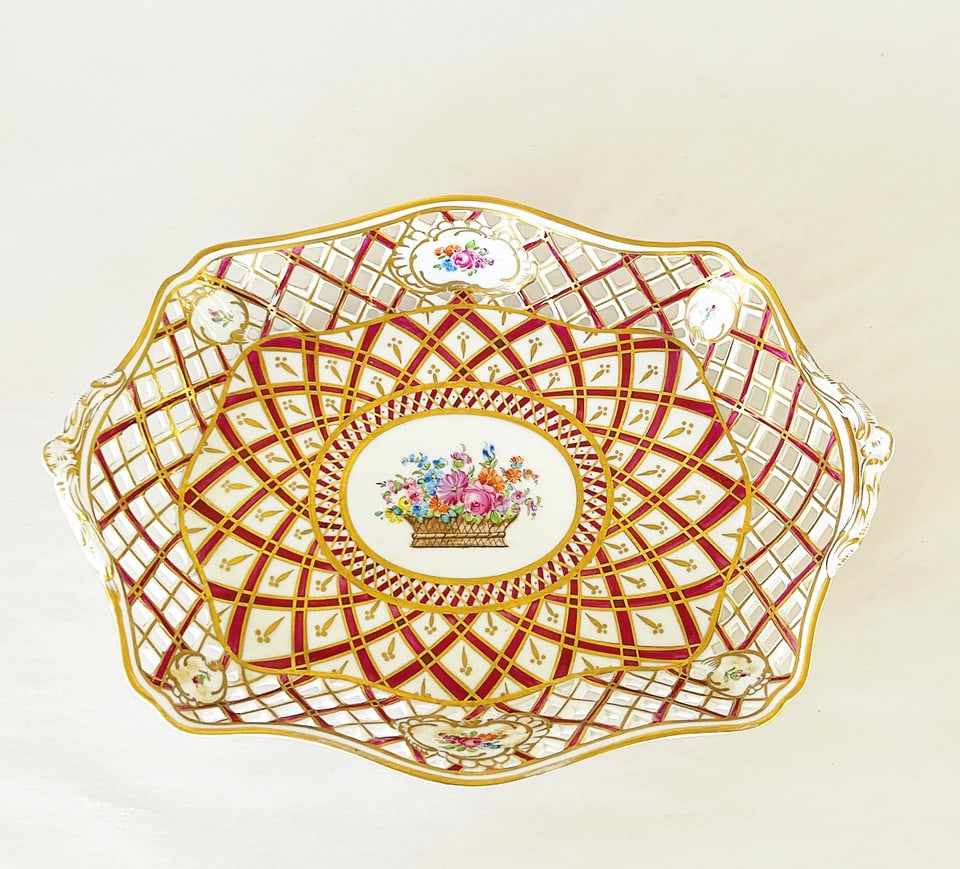 Dresden reticulated decorative bowl with side handles. Stamped on bottom.: Dresden reticulated decorative bowl with side handles. Stamped on bottom. Approx 3 tall x 11 x 8.5