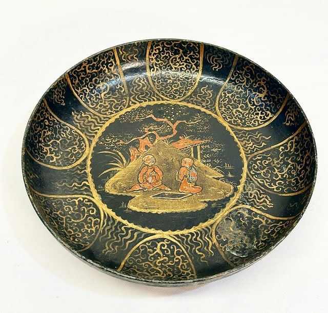 Antique back & gold Asian style paper mache hand painted decorative large footed bowl. (1 of 3)