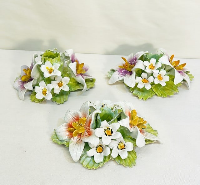 Lot set of 3 Italian Capodimonte flower candlesticks. Hand painted glazed Italian ceramics. (1 of 5)