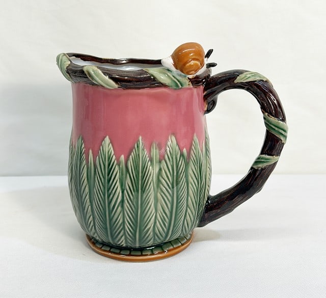 Vintage majolica style pottery water pitcher with snail detail. Stamped on base by maker. (1 of 3)