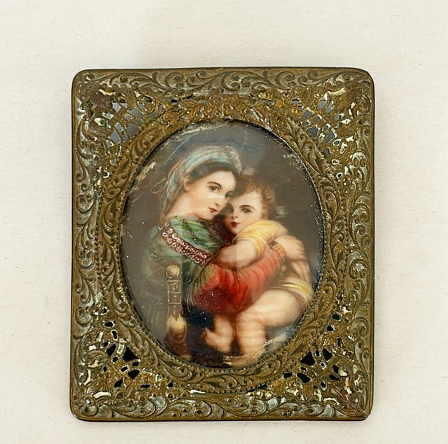 Antique Madonna & child porcelain miniature art framed in brass frame. (1 of 2)