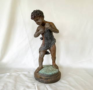 Vintage large scale bronze boy garden statue.: Vintage large scale bronze boy garden statue. 23.5 tall x 9 dia base.