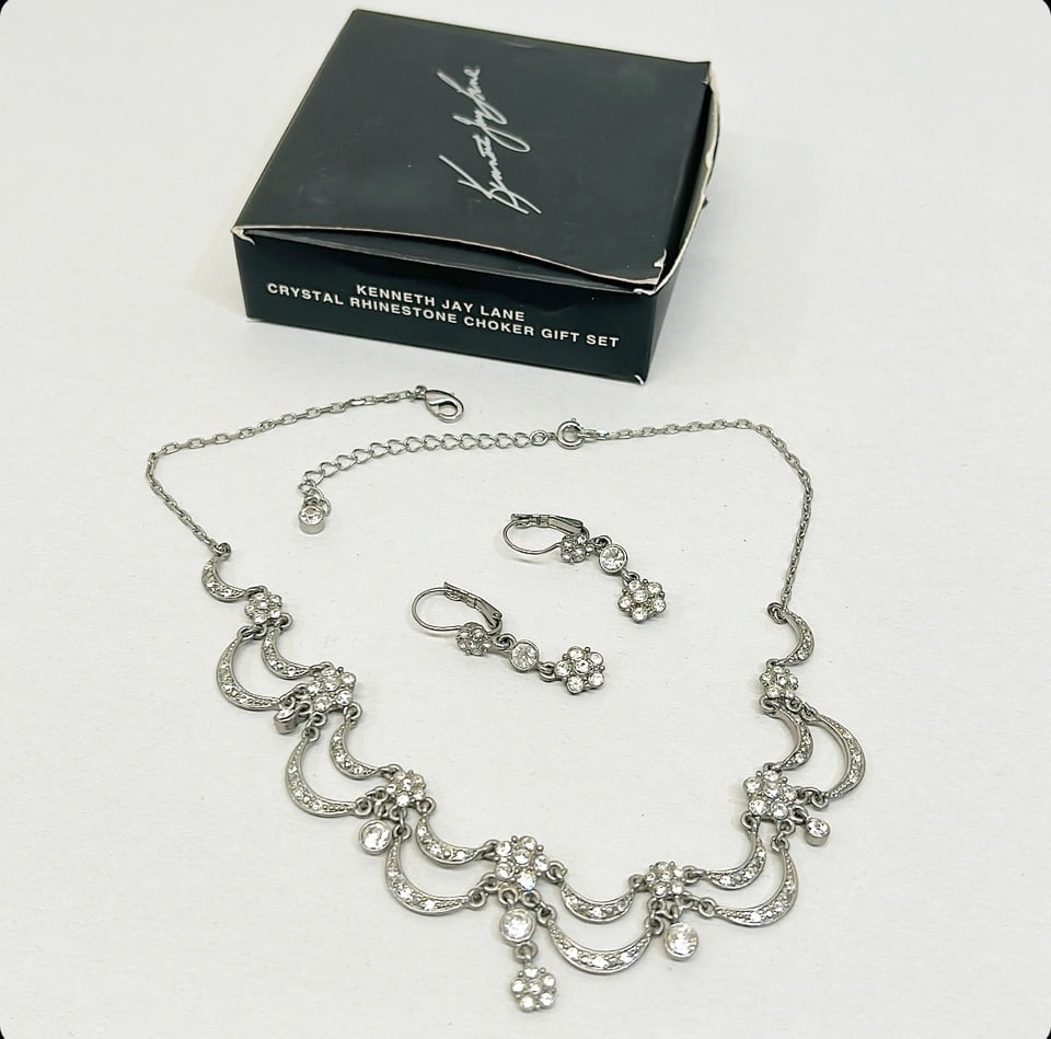 1980s vintage Kenneth Jay Lane crystal rhinestone choker set: 1980s vintage Kenneth Jay Lane crystal rhinestone choker set - matching pierced earrings. In original box. Each piece stamped KJL. See photos for scale & size.