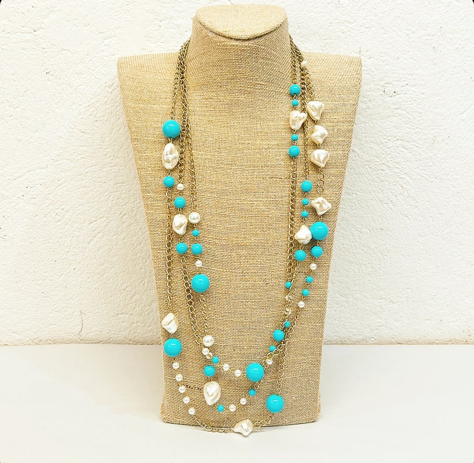 Kenneth Lane signed multi chain faux pearl and turquoise colored beaded necklace. (1 of 6)