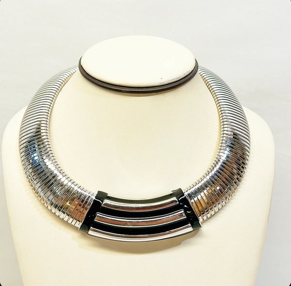 80s vintage signed Monet statement collar style necklace- in a silver tone metal finish with black (1 of 3)