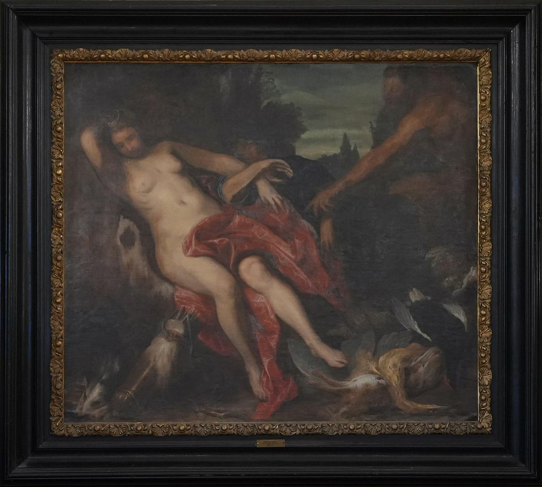Diana and her Nymph surprised by Satyr after Sir Anthony Van Dyck: Oil on canvas done by the school of Sir Anthony Van Dyck. Diana and her Nymph surprised by Satyr