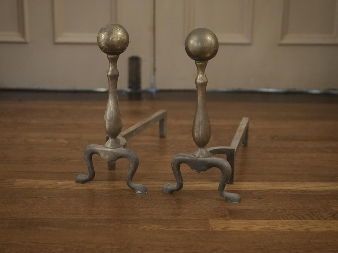 Pair of cast brass pair andirons: Pair of cast brass pair andirons, mid 20th century