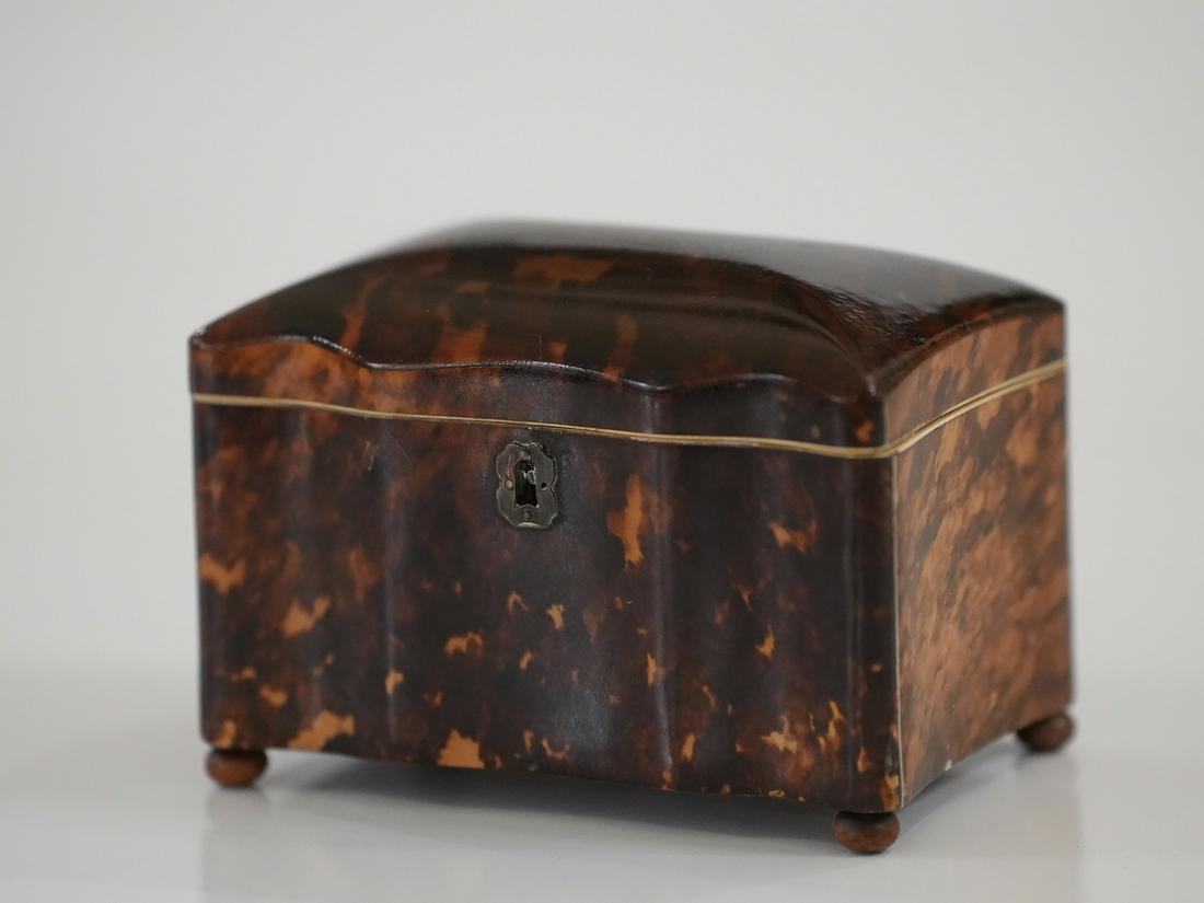 19th Century Tortoise Shell Tea Caddy: 19th Century tortoise shell tea caddy with interior fittings and ivory knobs