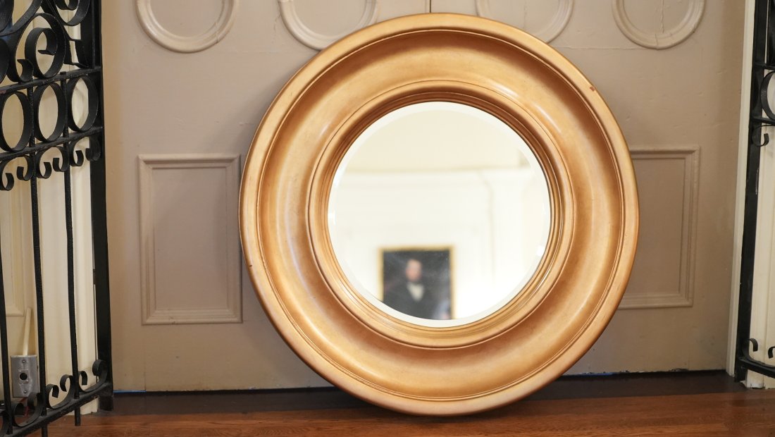 Large Round Giltwood Mirror: 42" round giltwood mirror. Made by The Uttermost Company