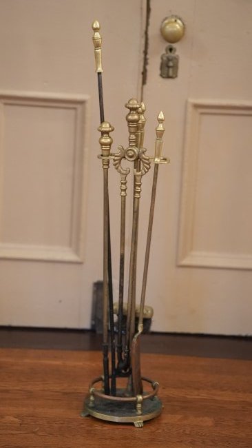 Set of Five Brass Tools: Set of five brass fire tools plus brass stand.
