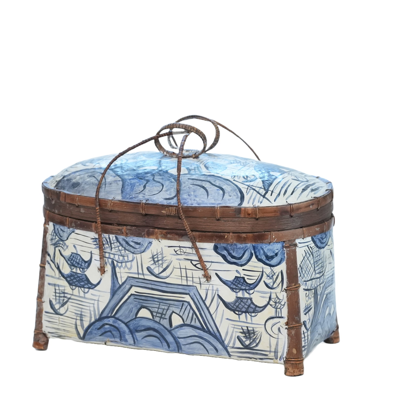 Blue and White Handpainted Bamboo Basket: Hand Painted Blue and White Bamboo Basket with pagodas and bridges motifs. Handles on sides of basket as well as handles on lid. Signed by Julia Christian, 1987