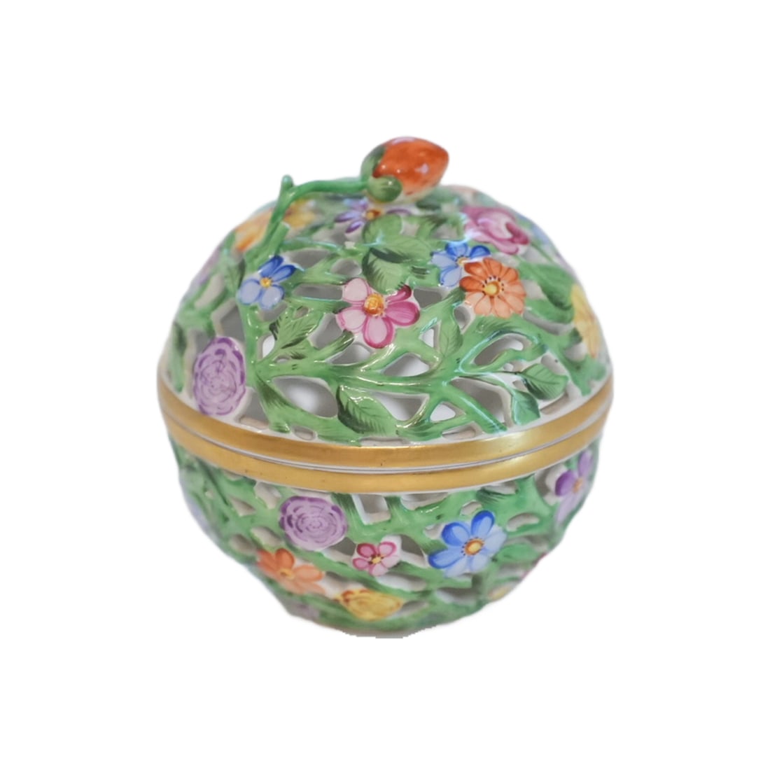 Herend Lidded Box, Openwork Sphere, Strawberry Vine (1 of 5)