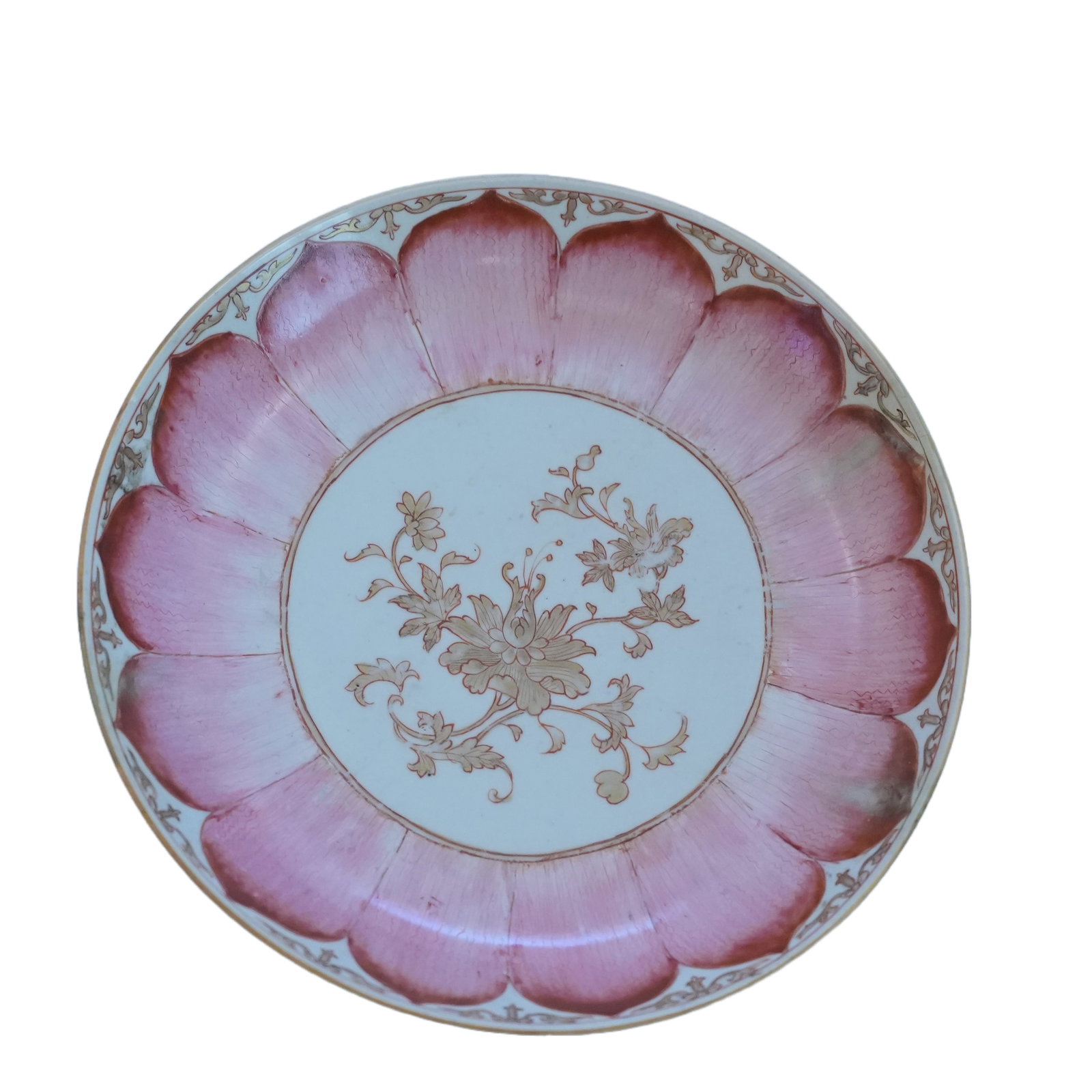 Chinese Famille Rose Lotus Dish: Chinese Famille Rose lotus dish with central hibiscus spray surround by lotus petals. Purchased at Christie's Sale 8108 Lot 130 Janurary, 20 1995 9.75" diameter